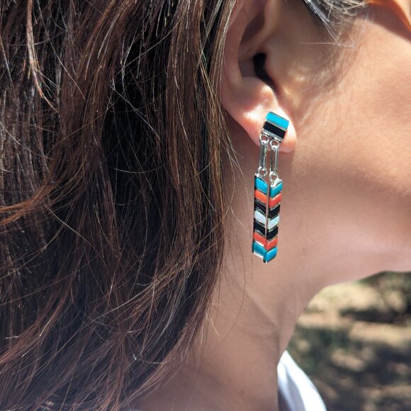 Zuni Multi Stones Inlay Dangle Earrings Sterling Silver Handmade Jewelry ** - Picture 5 of 10